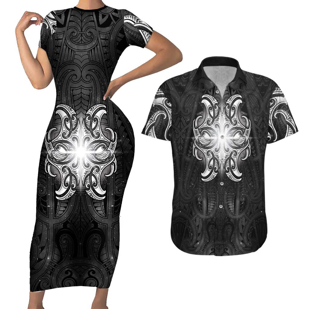 New Zealand Matariki Couples Matching Short Sleeve Bodycon Dress and Hawaiian Shirt Maori Moko Black Galaxy LT05 Black - Polynesian Pride