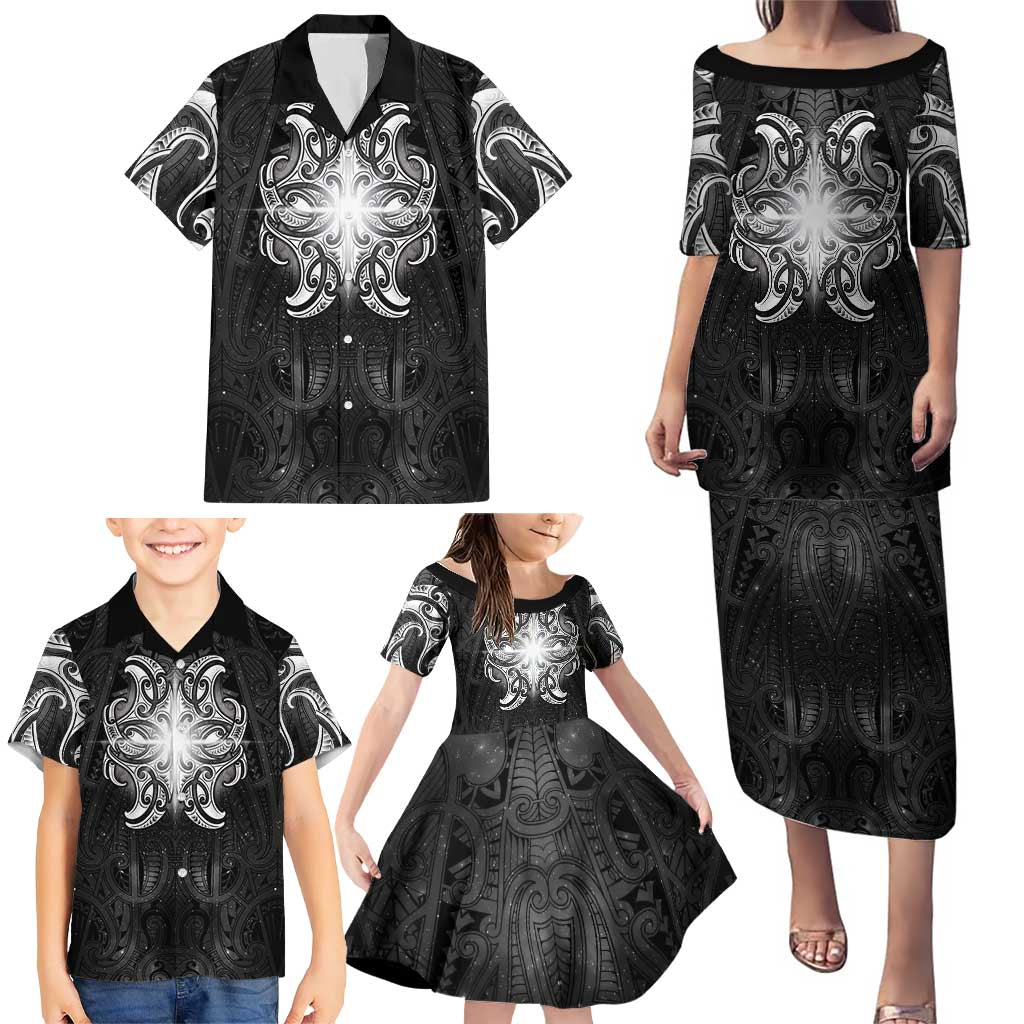 New Zealand Matariki Family Matching Puletasi and Hawaiian Shirt Maori Moko Black Galaxy LT05 - Polynesian Pride