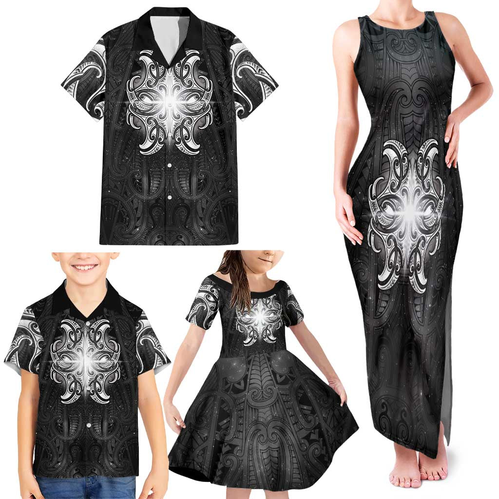 New Zealand Matariki Family Matching Tank Maxi Dress and Hawaiian Shirt Maori Moko Black Galaxy