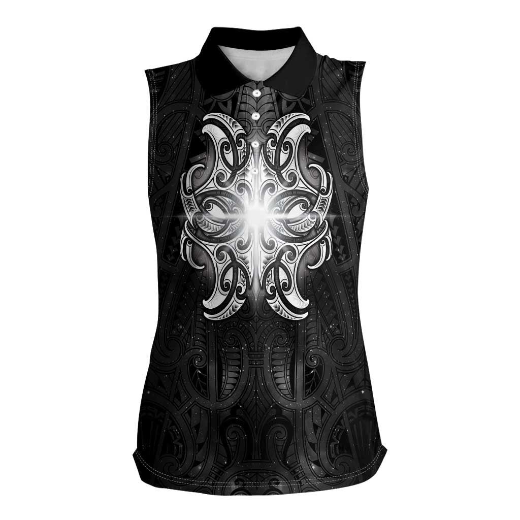 New Zealand Matariki Women Sleeveless Polo Shirt Maori Moko Black Galaxy