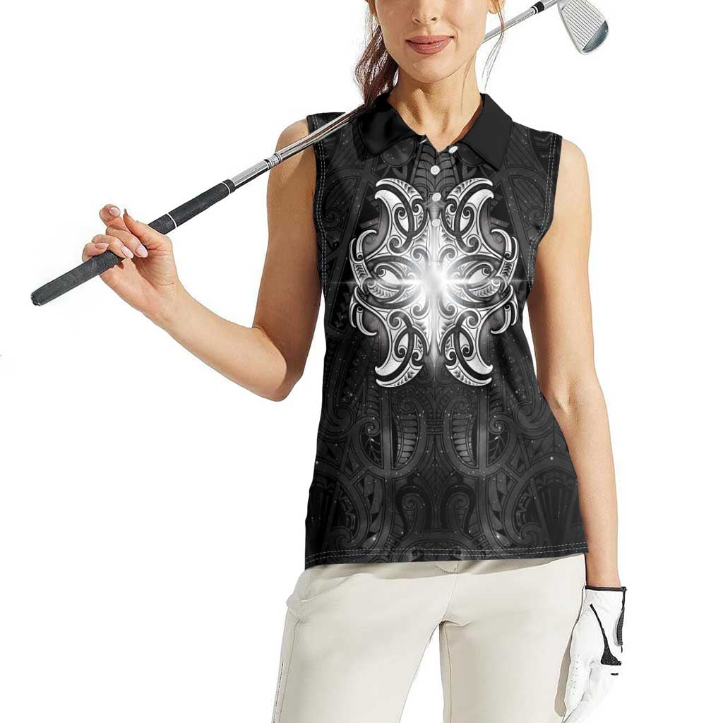 New Zealand Matariki Women Sleeveless Polo Shirt Maori Moko Black Galaxy