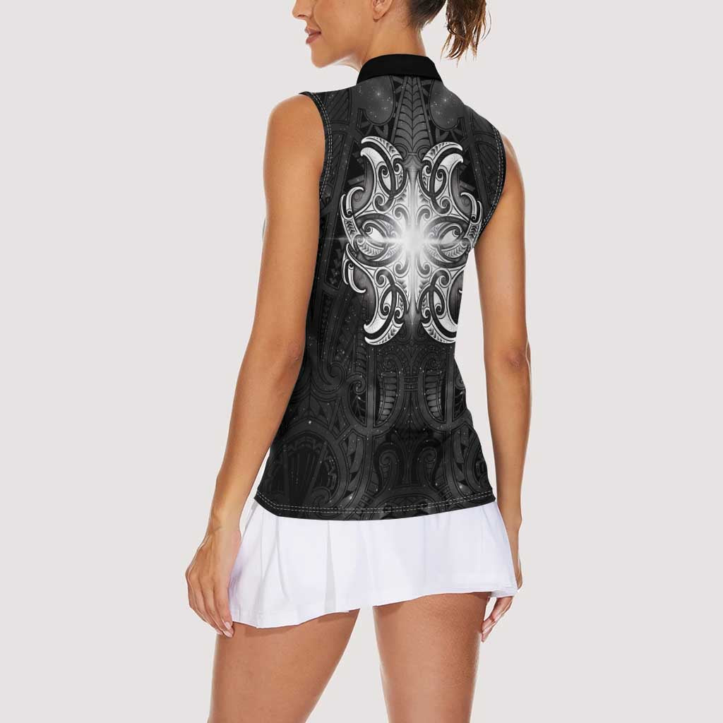 New Zealand Matariki Women Sleeveless Polo Shirt Maori Moko Black Galaxy