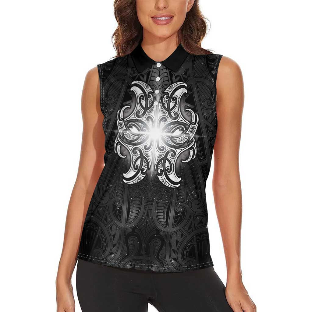New Zealand Matariki Women Sleeveless Polo Shirt Maori Moko Black Galaxy