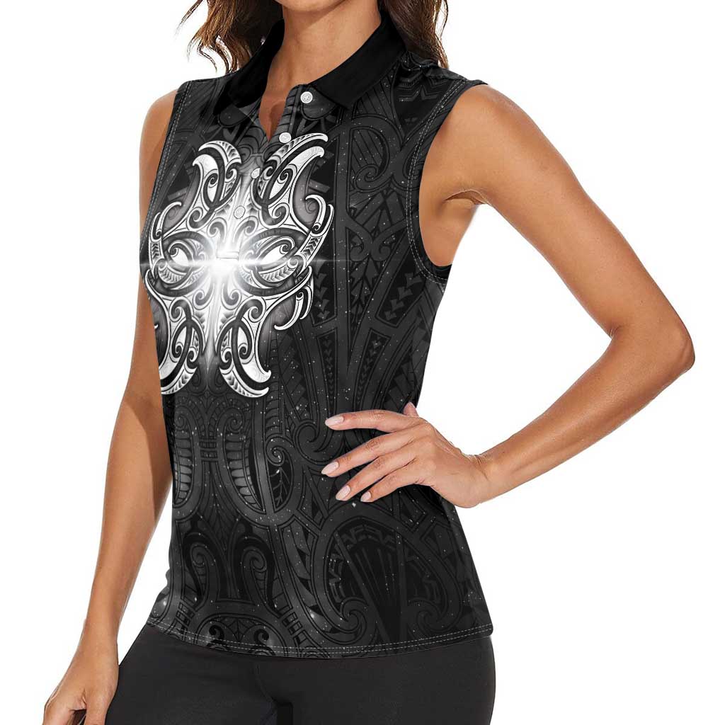 New Zealand Matariki Women Sleeveless Polo Shirt Maori Moko Black Galaxy