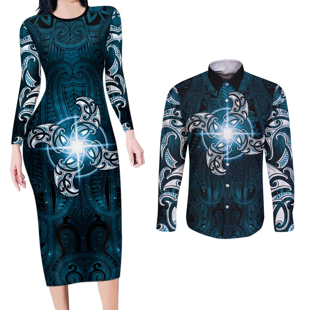 New Zealand Matariki Waita Couples Matching Long Sleeve Bodycon Dress and Long Sleeve Button Shirt Maori Moko Dark Blue Galaxy