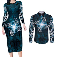 New Zealand Matariki Waita Couples Matching Long Sleeve Bodycon Dress and Long Sleeve Button Shirt Maori Moko Dark Blue Galaxy