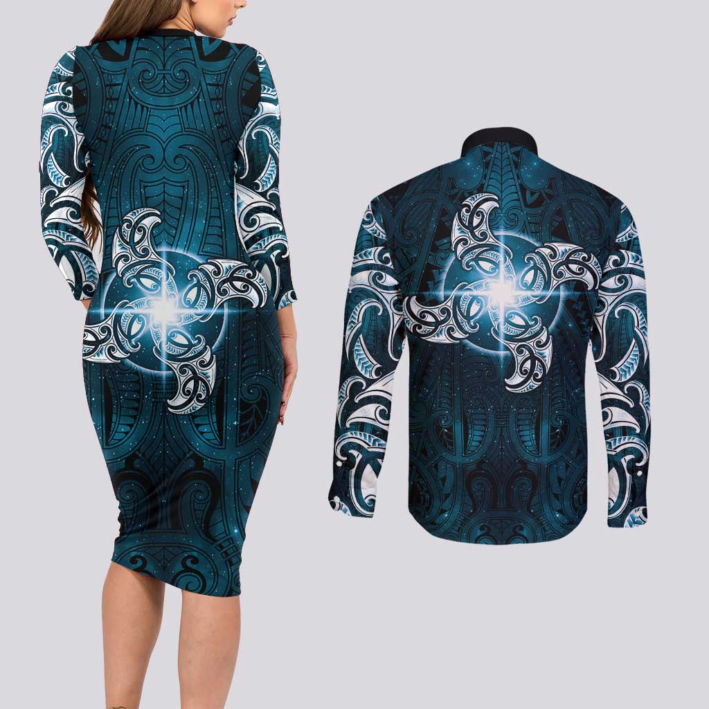 New Zealand Matariki Waita Couples Matching Long Sleeve Bodycon Dress and Long Sleeve Button Shirt Maori Moko Dark Blue Galaxy