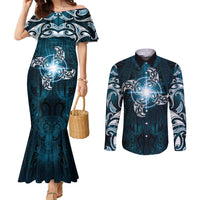 New Zealand Matariki Waita Couples Matching Mermaid Dress and Long Sleeve Button Shirt Maori Moko Dark Blue Galaxy