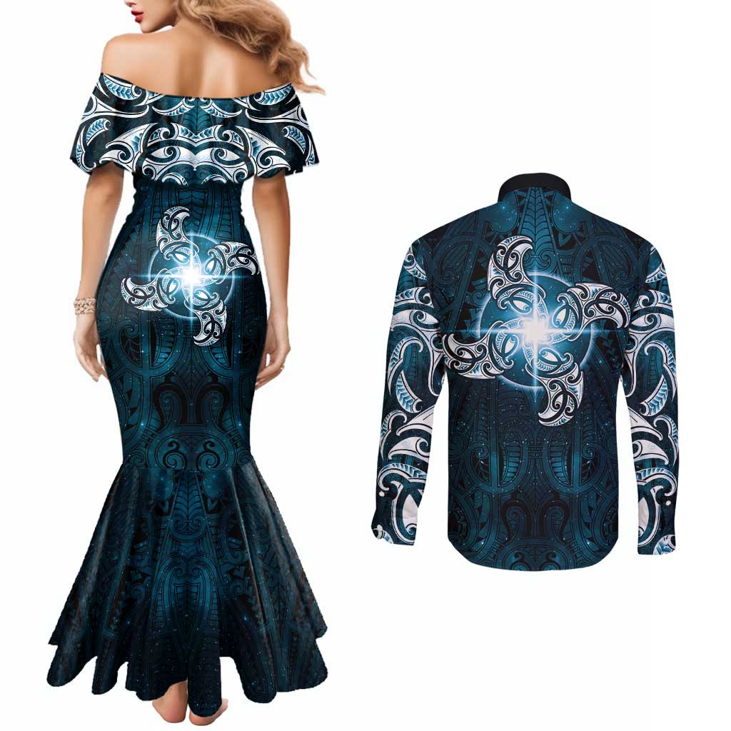 New Zealand Matariki Waita Couples Matching Mermaid Dress and Long Sleeve Button Shirt Maori Moko Dark Blue Galaxy