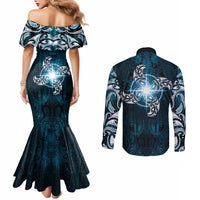 New Zealand Matariki Waita Couples Matching Mermaid Dress and Long Sleeve Button Shirt Maori Moko Dark Blue Galaxy