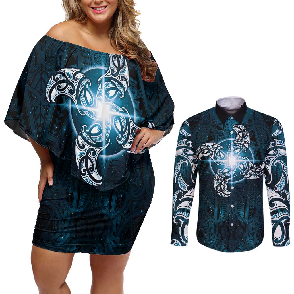 New Zealand Matariki Waita Couples Matching Off Shoulder Short Dress and Long Sleeve Button Shirt Maori Moko Dark Blue Galaxy