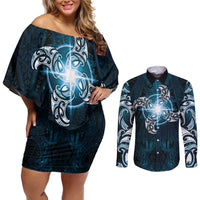 New Zealand Matariki Waita Couples Matching Off Shoulder Short Dress and Long Sleeve Button Shirt Maori Moko Dark Blue Galaxy