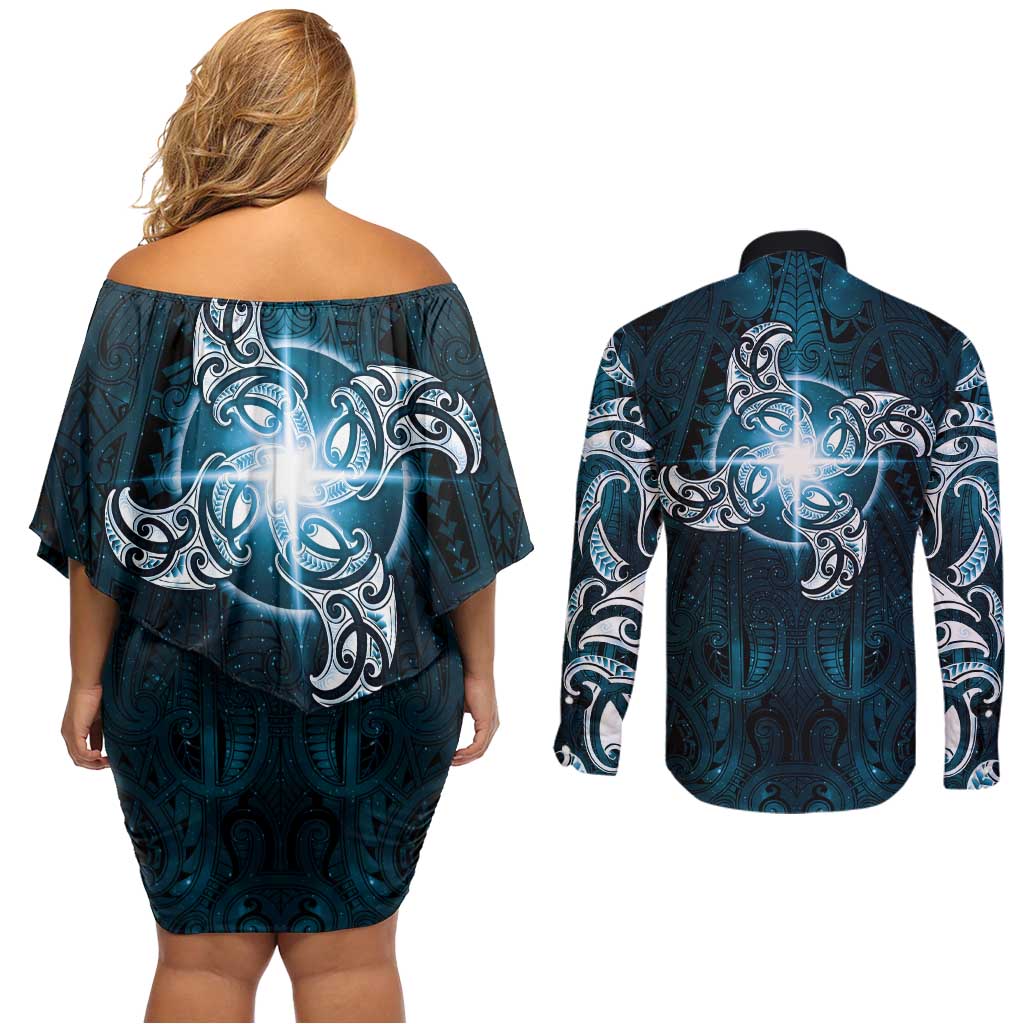 New Zealand Matariki Waita Couples Matching Off Shoulder Short Dress and Long Sleeve Button Shirt Maori Moko Dark Blue Galaxy