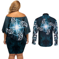 New Zealand Matariki Waita Couples Matching Off Shoulder Short Dress and Long Sleeve Button Shirt Maori Moko Dark Blue Galaxy