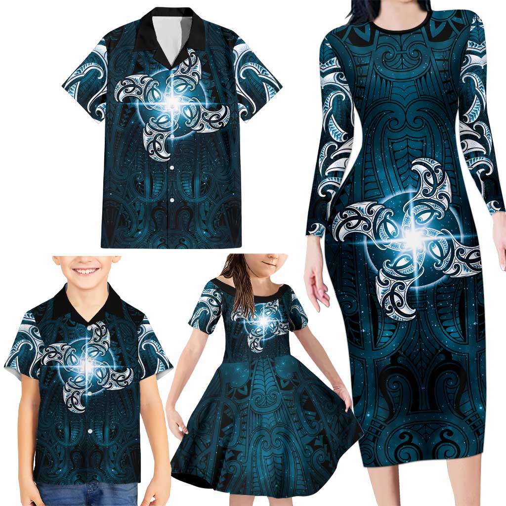 New Zealand Matariki Waita Family Matching Long Sleeve Bodycon Dress and Hawaiian Shirt Maori Moko Dark Blue Galaxy LT05 - Polynesian Pride