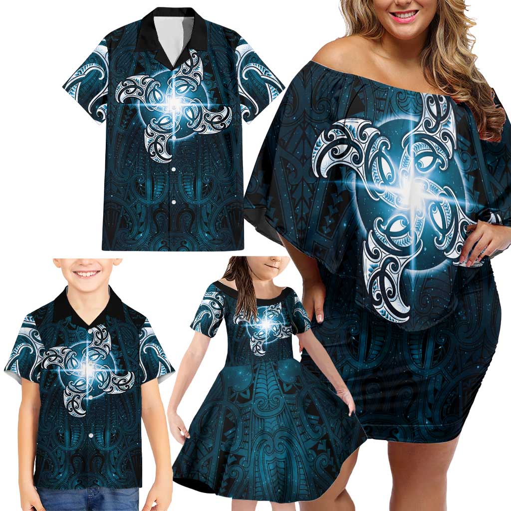 New Zealand Matariki Waita Family Matching Off Shoulder Short Dress and Hawaiian Shirt Maori Moko Dark Blue Galaxy LT05 - Polynesian Pride