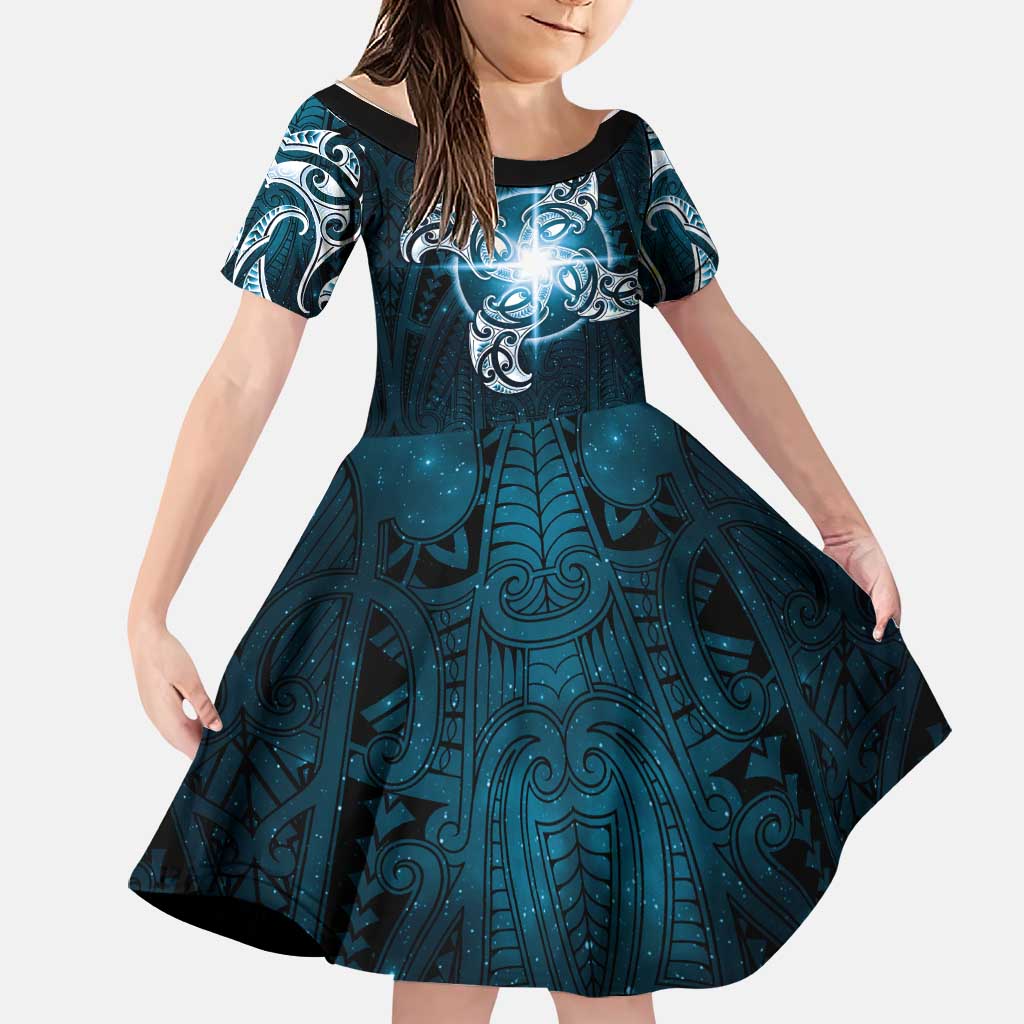New Zealand Matariki Waita Family Matching Short Sleeve Bodycon Dress and Hawaiian Shirt Maori Moko Dark Blue Galaxy