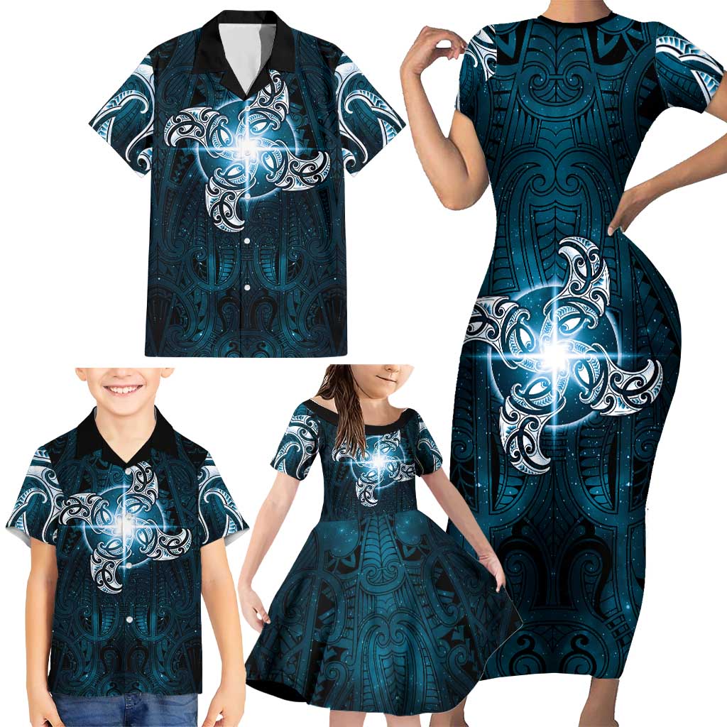 New Zealand Matariki Waita Family Matching Short Sleeve Bodycon Dress and Hawaiian Shirt Maori Moko Dark Blue Galaxy