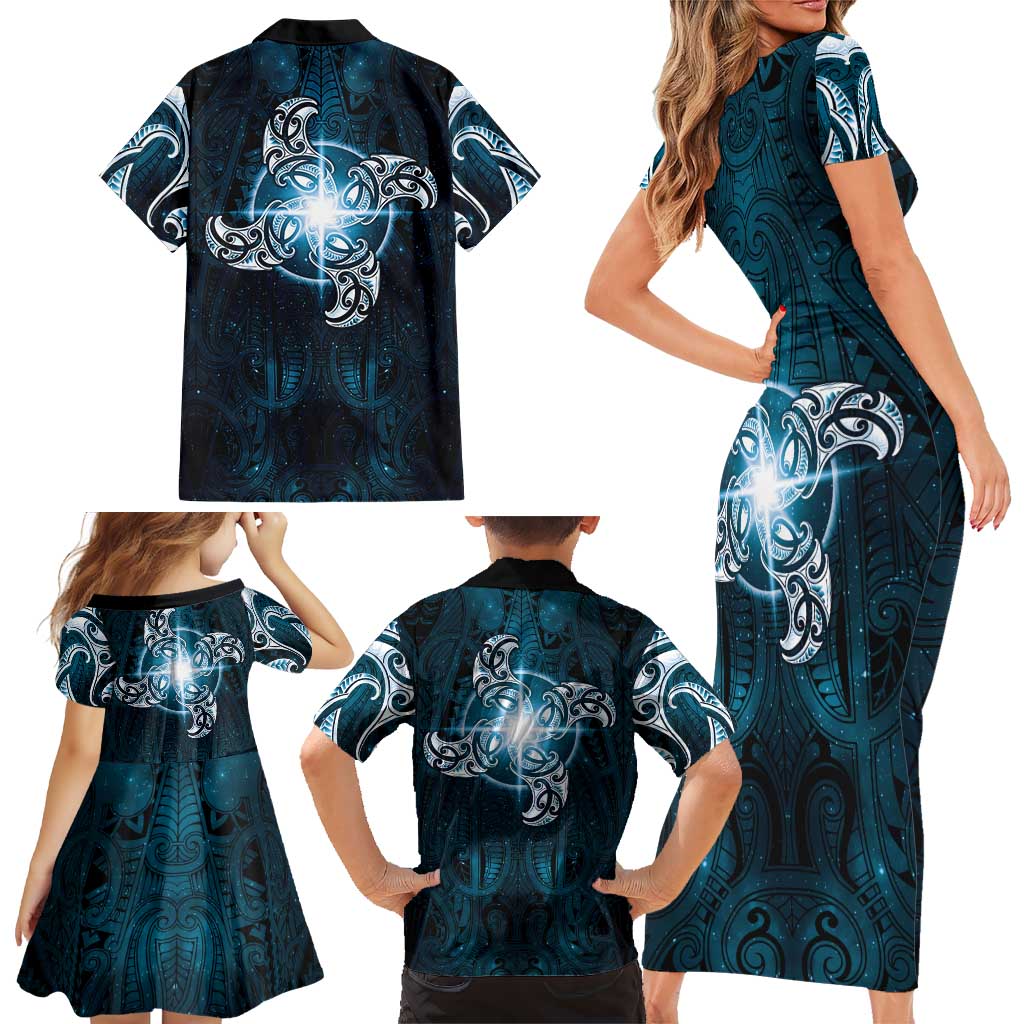 New Zealand Matariki Waita Family Matching Short Sleeve Bodycon Dress and Hawaiian Shirt Maori Moko Dark Blue Galaxy