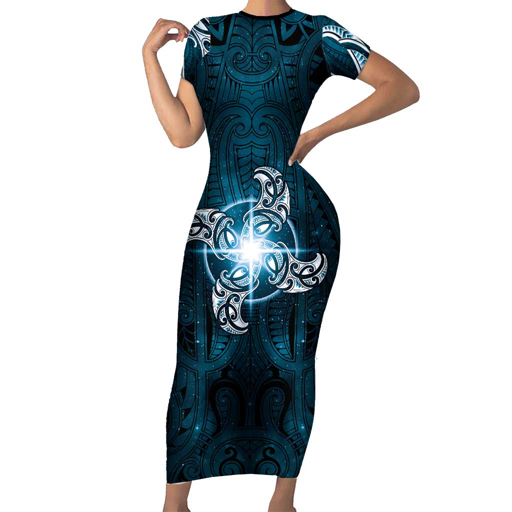 New Zealand Matariki Waita Family Matching Short Sleeve Bodycon Dress and Hawaiian Shirt Maori Moko Dark Blue Galaxy
