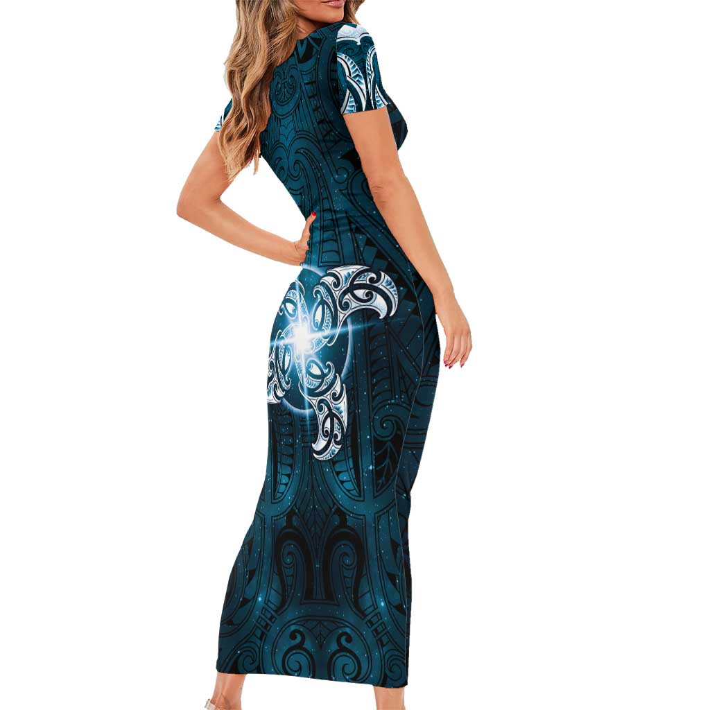 New Zealand Matariki Waita Family Matching Short Sleeve Bodycon Dress and Hawaiian Shirt Maori Moko Dark Blue Galaxy