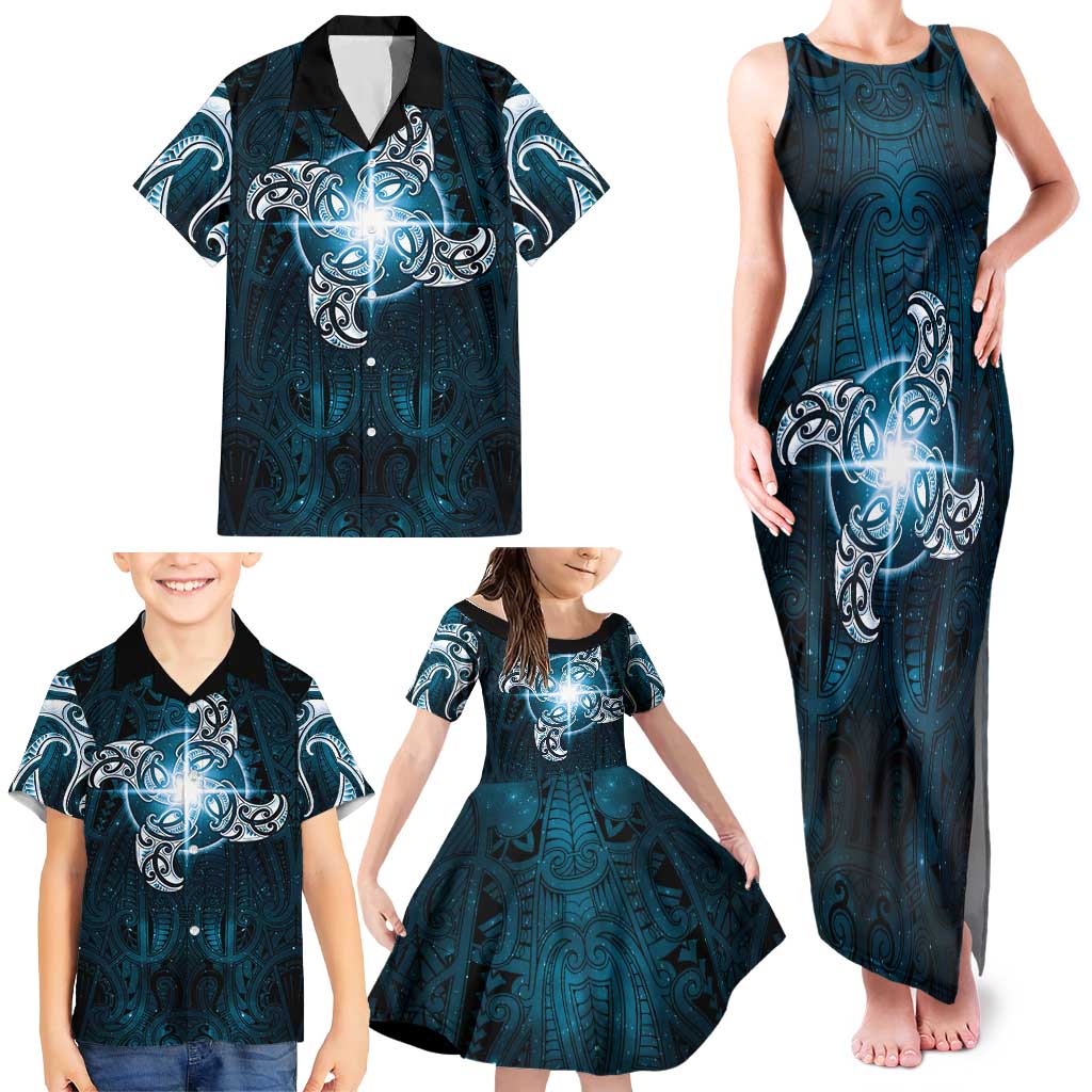 New Zealand Matariki Waita Family Matching Tank Maxi Dress and Hawaiian Shirt Maori Moko Dark Blue Galaxy LT05 - Polynesian Pride