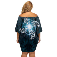 New Zealand Matariki Waita Off Shoulder Short Dress Maori Moko Dark Blue Galaxy LT05 - Polynesian Pride