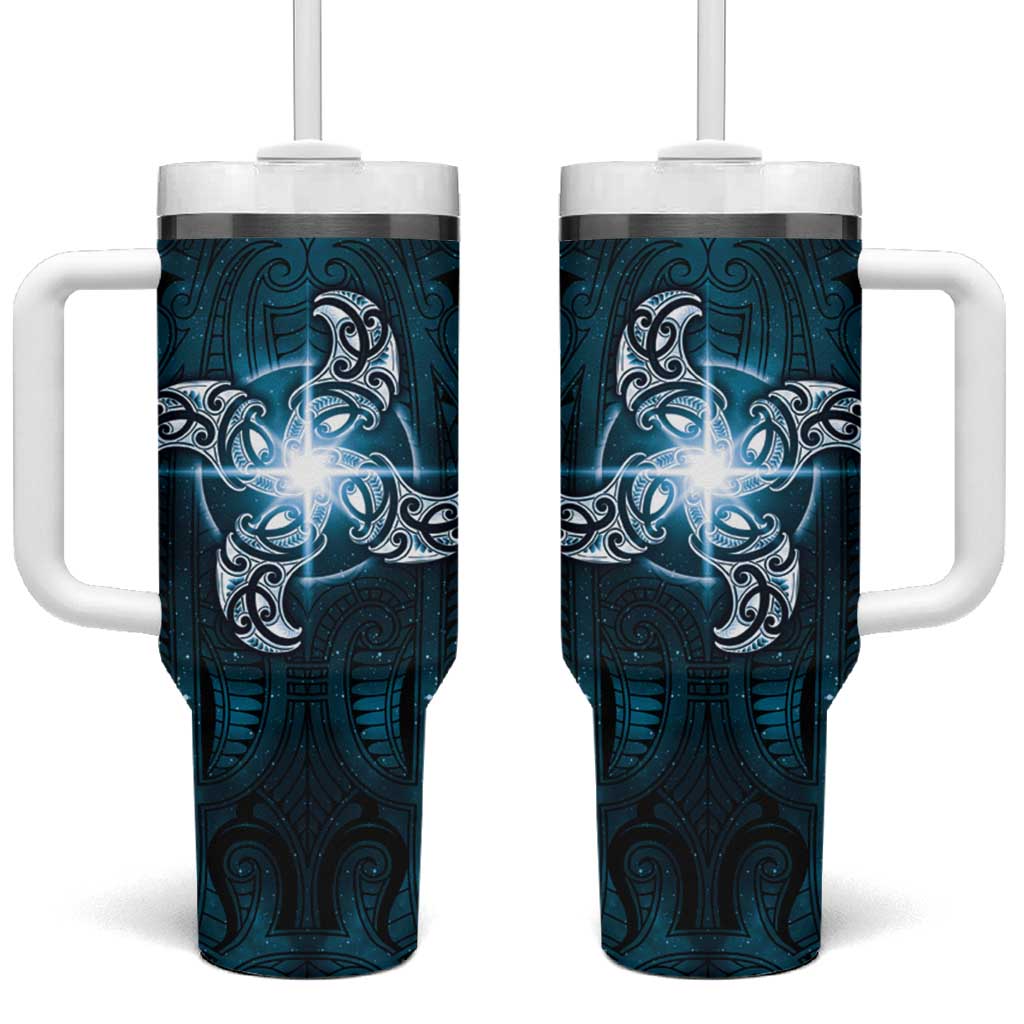 New Zealand Matariki Waita Tumbler With Handle Maori Moko Dark Blue Galaxy