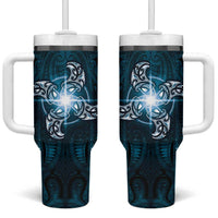New Zealand Matariki Waita Tumbler With Handle Maori Moko Dark Blue Galaxy