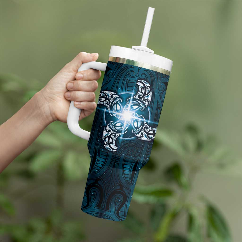 New Zealand Matariki Waita Tumbler With Handle Maori Moko Dark Blue Galaxy