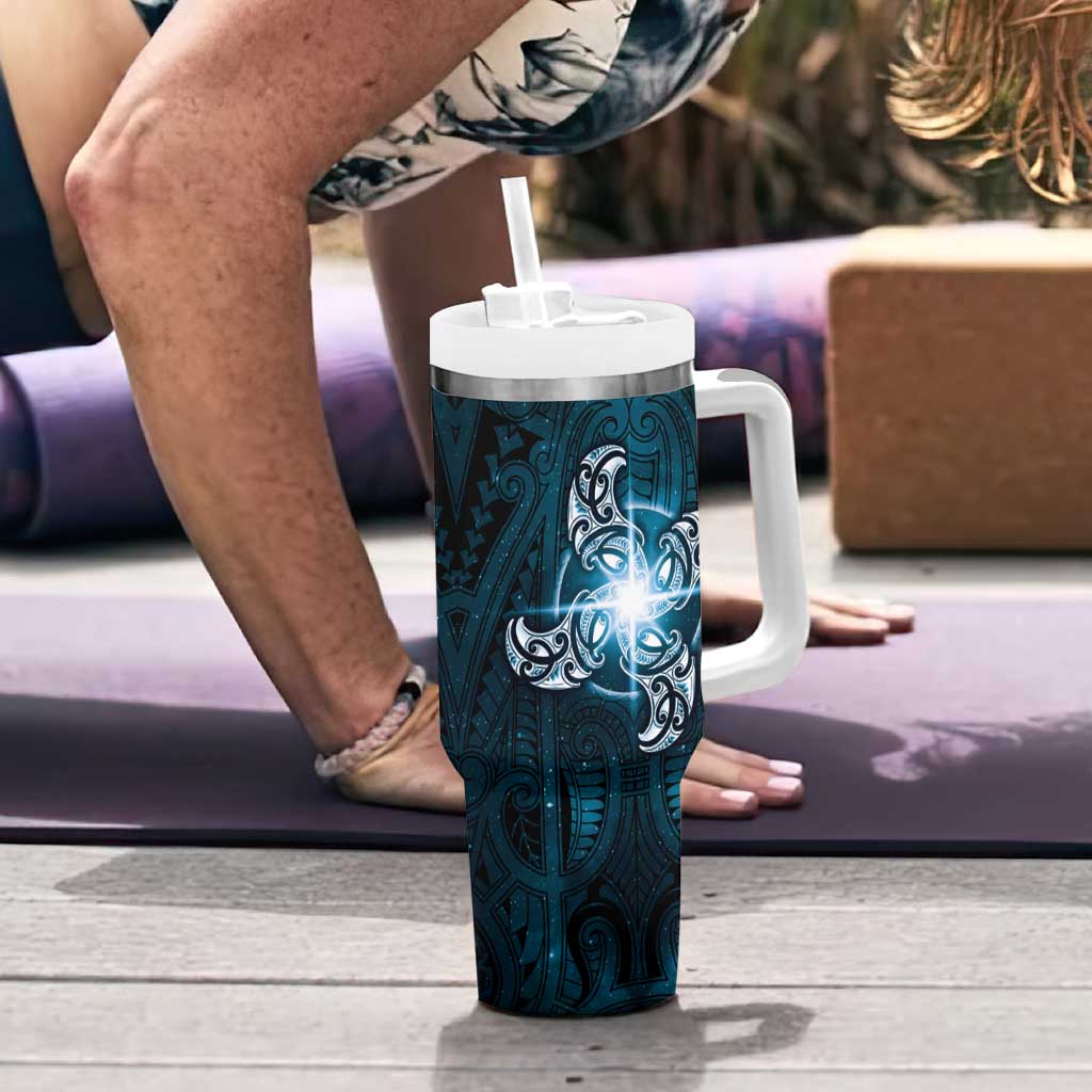 New Zealand Matariki Waita Tumbler With Handle Maori Moko Dark Blue Galaxy