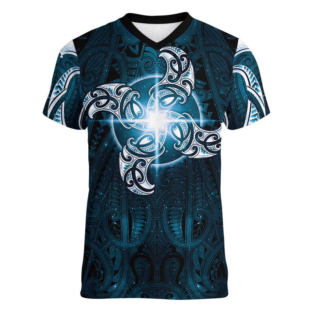 New Zealand Matariki Waita Women V-Neck T-Shirt Maori Moko Dark Blue Galaxy