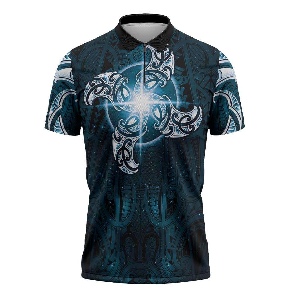 New Zealand Matariki Waita Zipper Polo Shirt Maori Moko Dark Blue Galaxy
