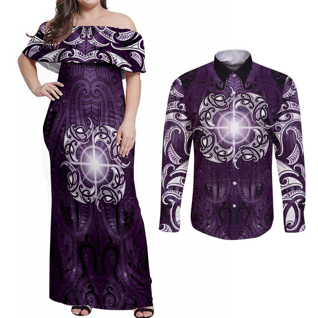 New Zealand Matariki Waipunarangi Couples Matching Off Shoulder Maxi Dress and Long Sleeve Button Shirt Maori Moko Purple Galaxy