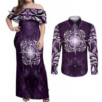 New Zealand Matariki Waipunarangi Couples Matching Off Shoulder Maxi Dress and Long Sleeve Button Shirt Maori Moko Purple Galaxy