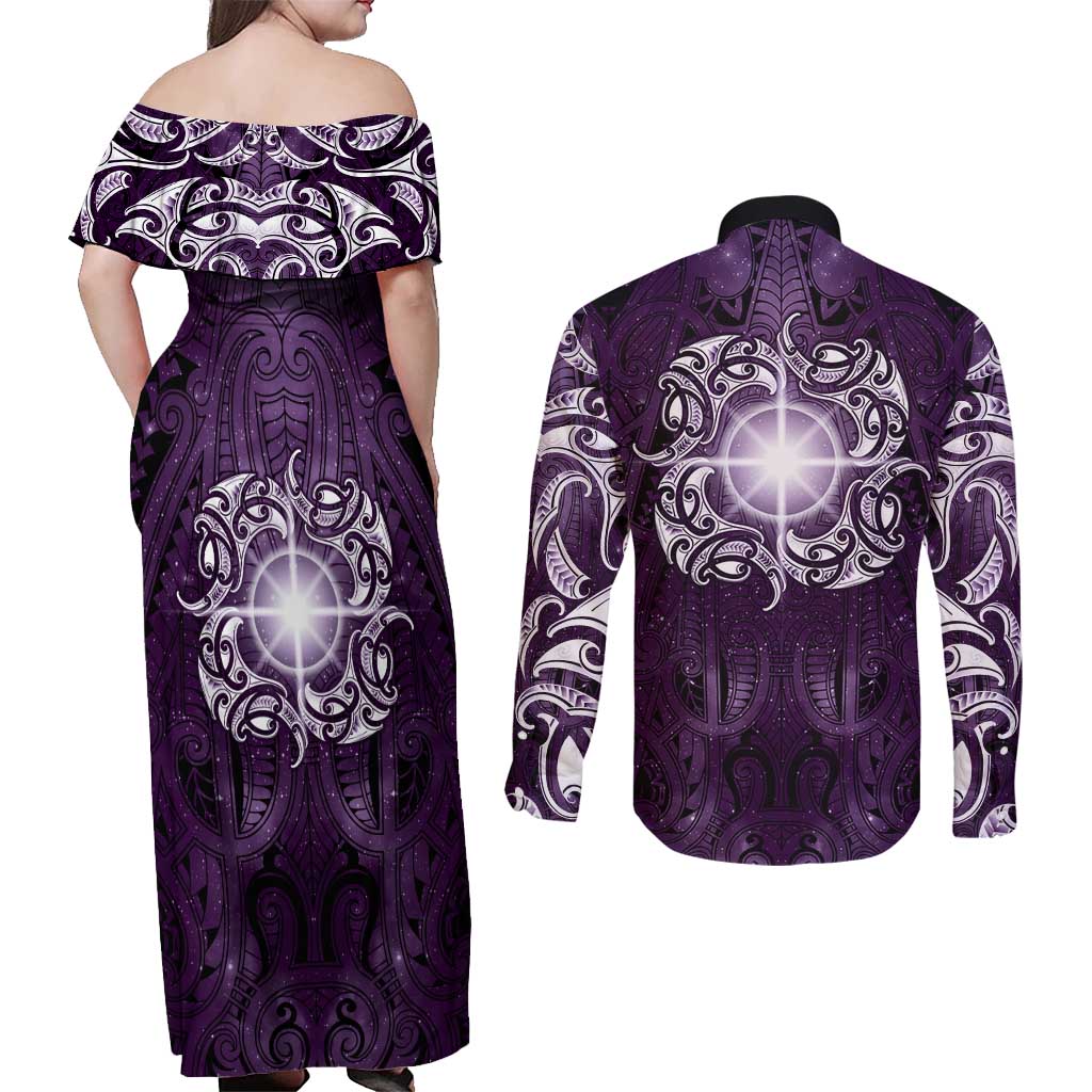New Zealand Matariki Waipunarangi Couples Matching Off Shoulder Maxi Dress and Long Sleeve Button Shirt Maori Moko Purple Galaxy