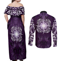 New Zealand Matariki Waipunarangi Couples Matching Off Shoulder Maxi Dress and Long Sleeve Button Shirt Maori Moko Purple Galaxy