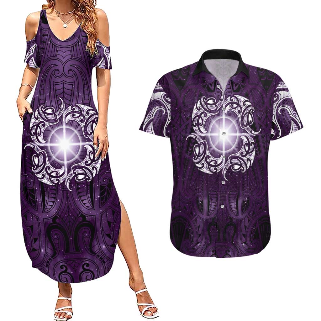 New Zealand Matariki Waipunarangi Couples Matching Summer Maxi Dress and Hawaiian Shirt Maori Moko Purple Galaxy