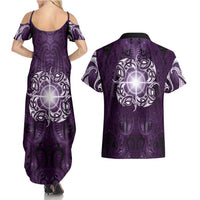 New Zealand Matariki Waipunarangi Couples Matching Summer Maxi Dress and Hawaiian Shirt Maori Moko Purple Galaxy