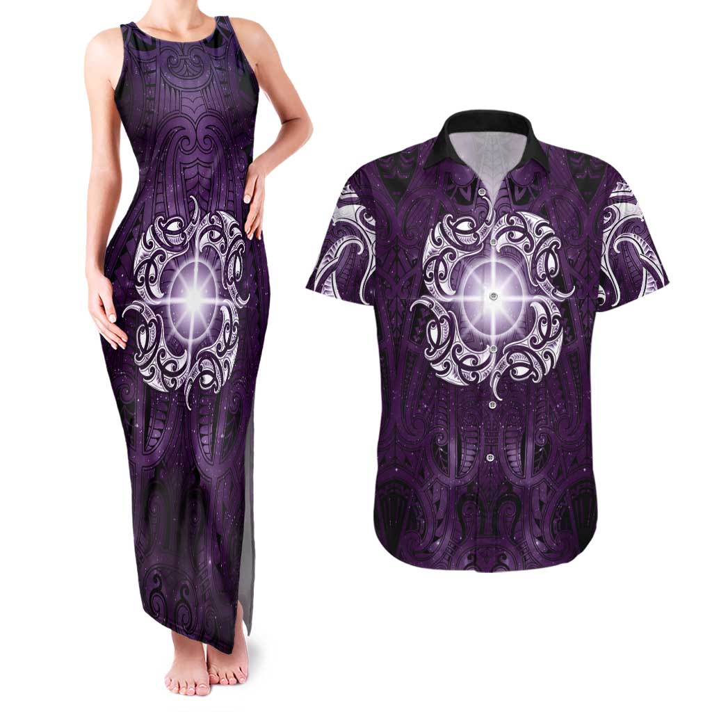 New Zealand Matariki Waipunarangi Couples Matching Tank Maxi Dress and Hawaiian Shirt Maori Moko Purple Galaxy
