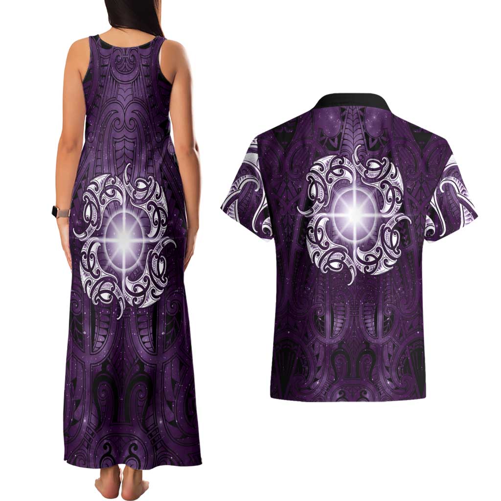 New Zealand Matariki Waipunarangi Couples Matching Tank Maxi Dress and Hawaiian Shirt Maori Moko Purple Galaxy