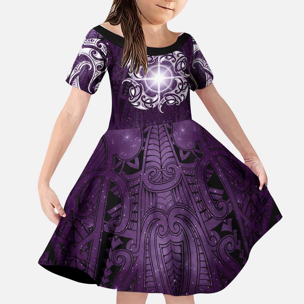 New Zealand Matariki Waipunarangi Family Matching Summer Maxi Dress and Hawaiian Shirt Maori Moko Purple Galaxy