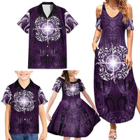 New Zealand Matariki Waipunarangi Family Matching Summer Maxi Dress and Hawaiian Shirt Maori Moko Purple Galaxy