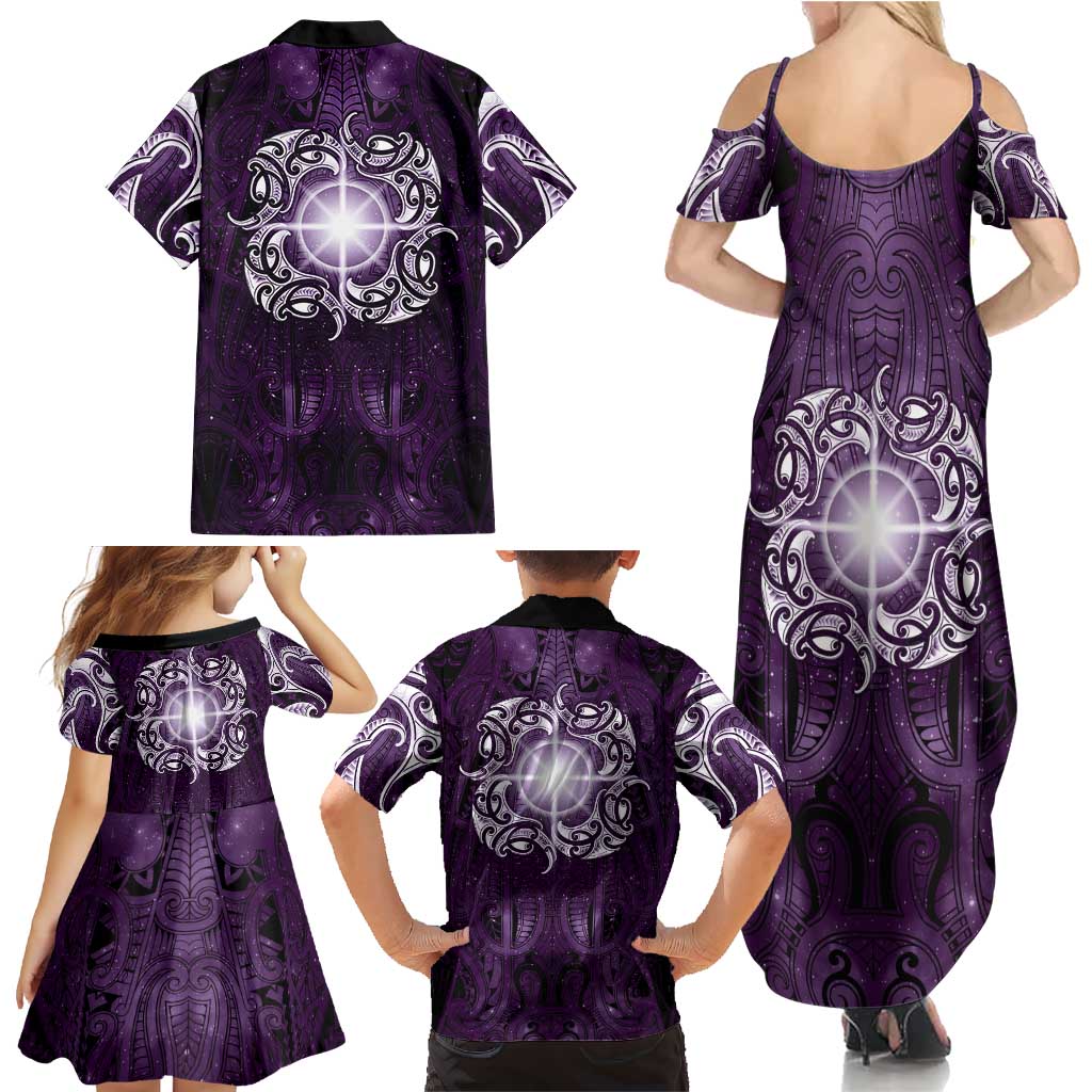 New Zealand Matariki Waipunarangi Family Matching Summer Maxi Dress and Hawaiian Shirt Maori Moko Purple Galaxy