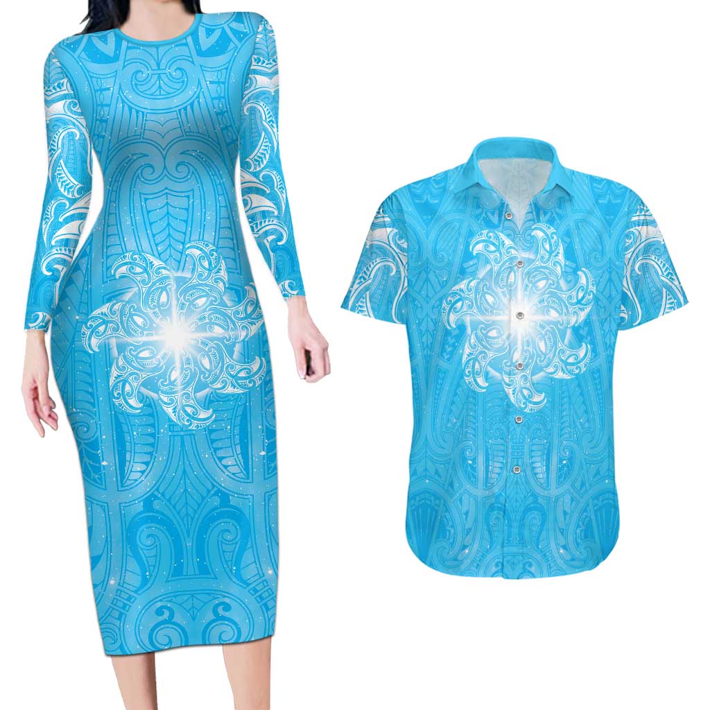 New Zealand Matariki Waiti Couples Matching Long Sleeve Bodycon Dress and Hawaiian Shirt Maori Moko Cyan Galaxy