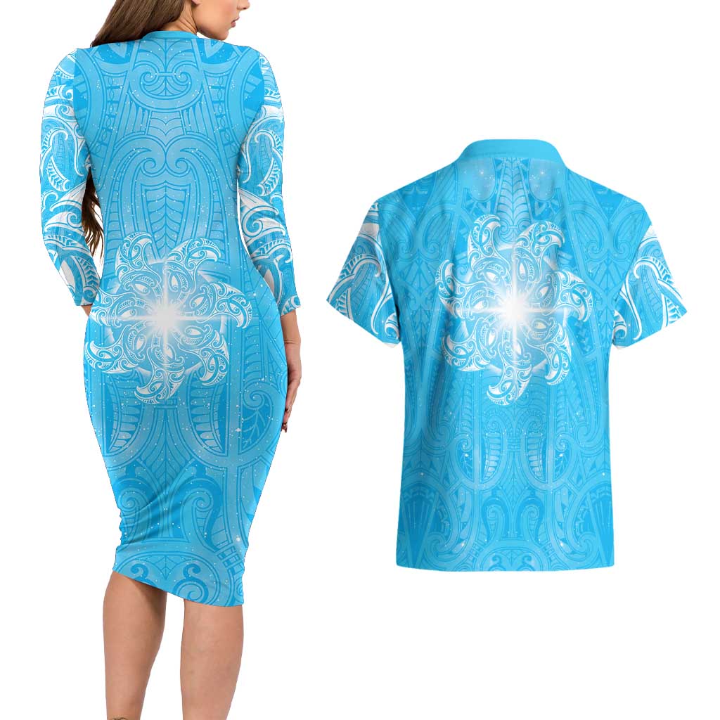 New Zealand Matariki Waiti Couples Matching Long Sleeve Bodycon Dress and Hawaiian Shirt Maori Moko Cyan Galaxy