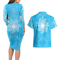 New Zealand Matariki Waiti Couples Matching Long Sleeve Bodycon Dress and Hawaiian Shirt Maori Moko Cyan Galaxy