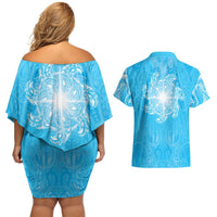 New Zealand Matariki Waiti Couples Matching Off Shoulder Short Dress and Hawaiian Shirt Maori Moko Cyan Galaxy