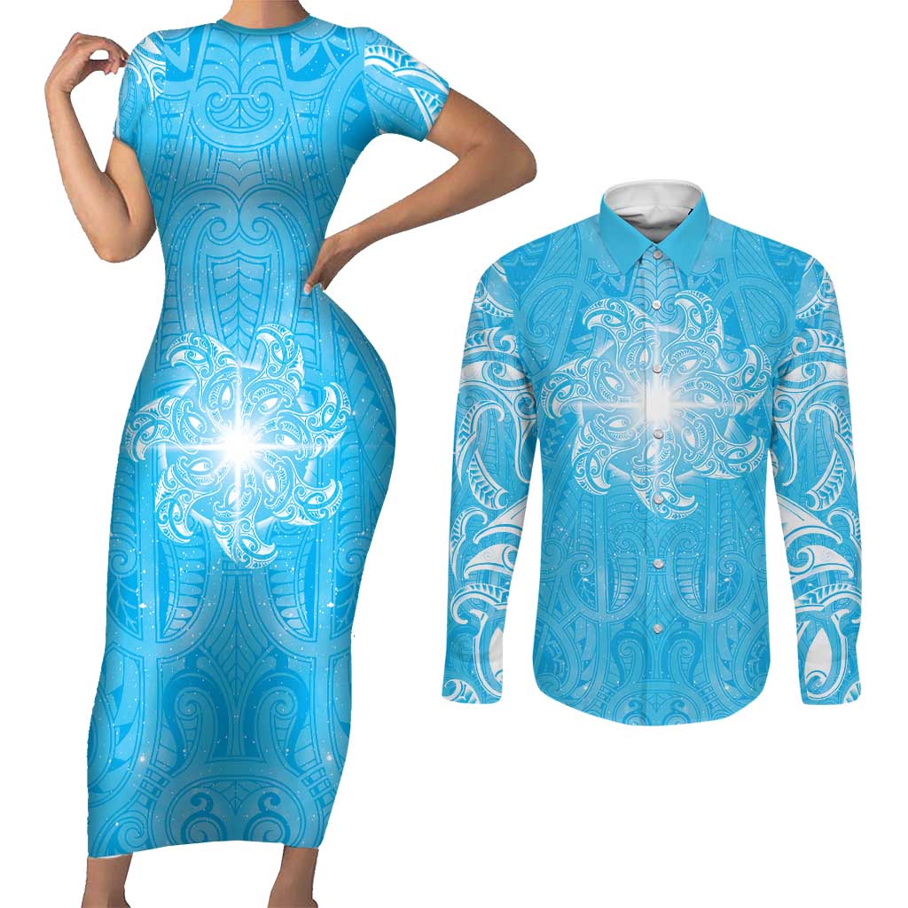 New Zealand Matariki Waiti Couples Matching Short Sleeve Bodycon Dress and Long Sleeve Button Shirt Maori Moko Cyan Galaxy