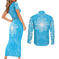 New Zealand Matariki Waiti Couples Matching Short Sleeve Bodycon Dress and Long Sleeve Button Shirt Maori Moko Cyan Galaxy